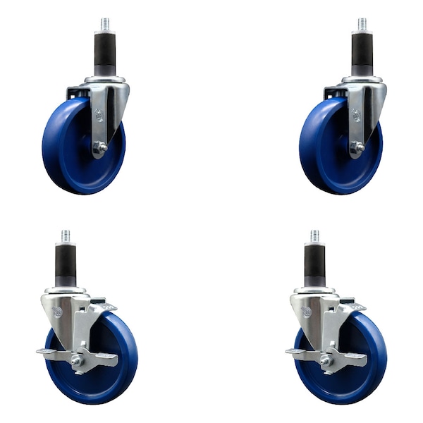 5'' Solid Poly Wheel Swivel 1-1/4'' Expanding Stem Caster Set 2 Brakes, 4PK